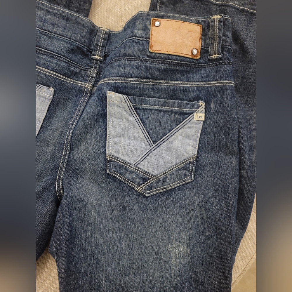 LEI Denim Jeans Blue Patchwork Pockets Flare Leg 15 Juniors Ashley Trouble Y2K?